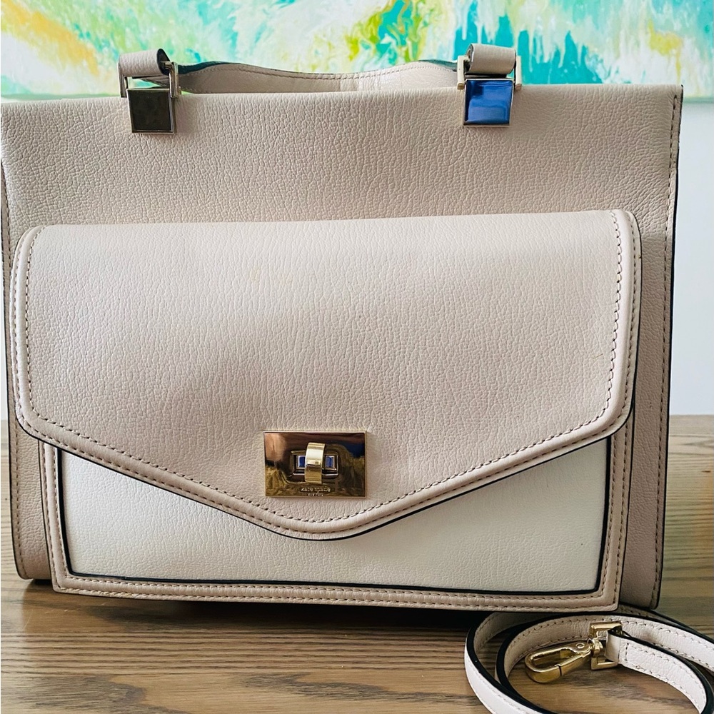 Cream and Tan Structured Satchel with Gold Hardware